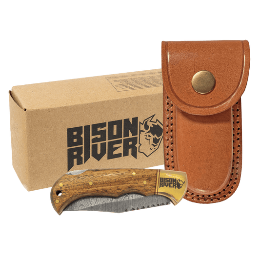 Bison River 3 3/4" Wood Folding Knife with Damascus Steel Blade and Leather Sheath