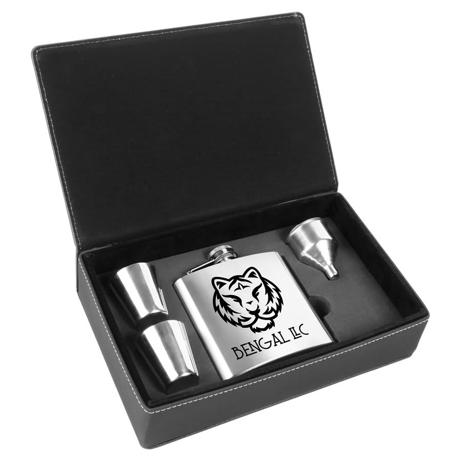 Stainless Steel Flask Set in Black/Silver 6 oz. Laserable Leatherette Box