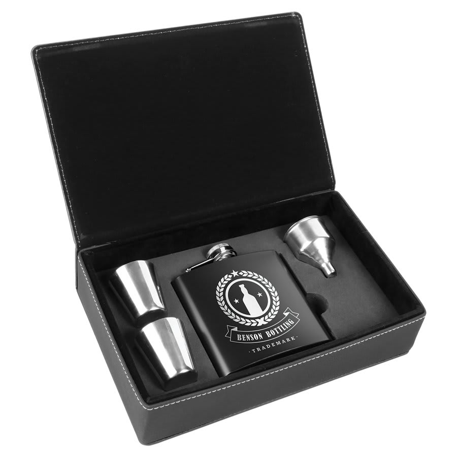 Black Stainless Steel Flask Set in Black/Silver 6 oz. Laserable Leatherette Box