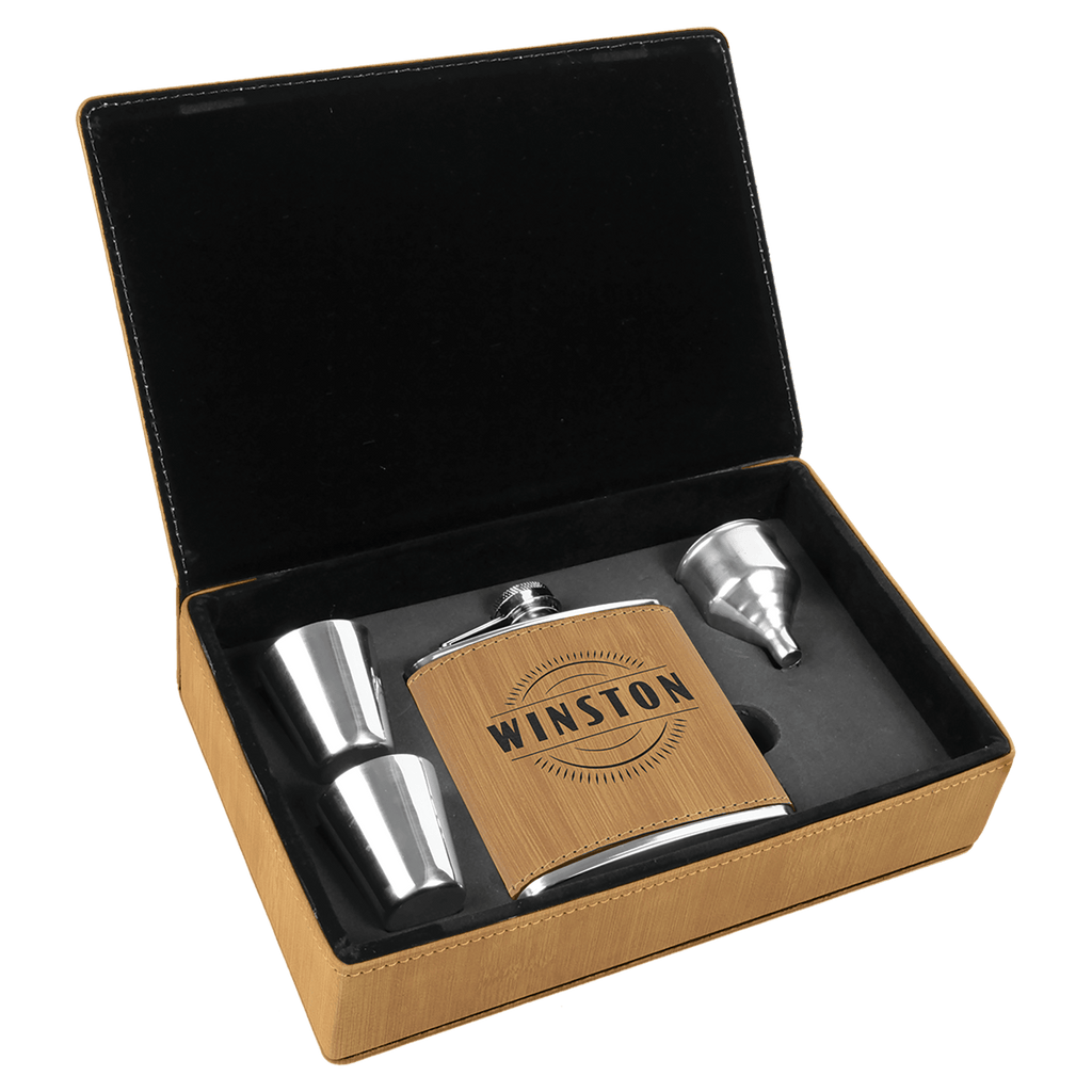Bamboo 6 oz. Laserable Leatherette Flask Gift Set