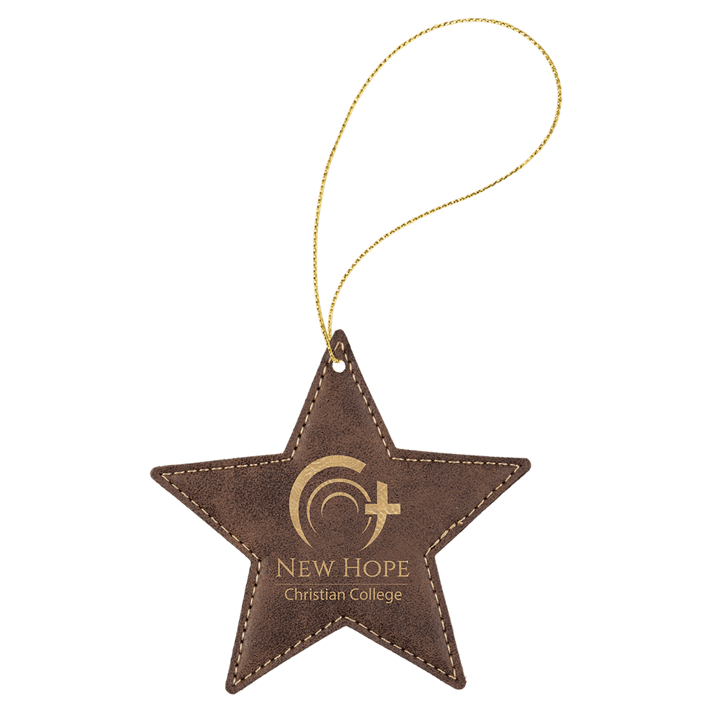 Rustic/Gold Laserable Leatherette Star Ornament with Gold String