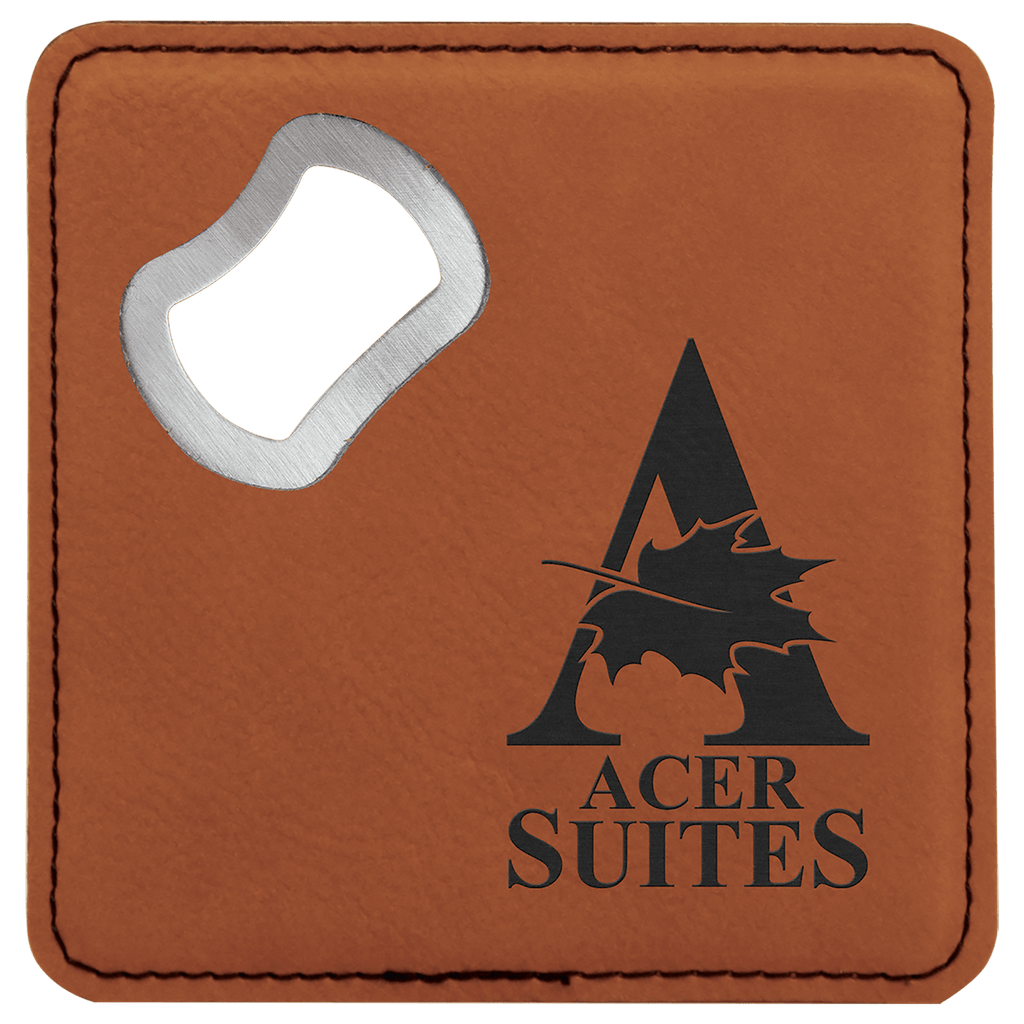 Rawhide 4" x 4" Square Laserable Leatherette Coaster with Bottle Opener