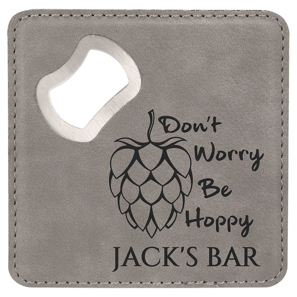 Gray 4" x 4" Square Laserable Leatherette Coaster with Bottle Opener