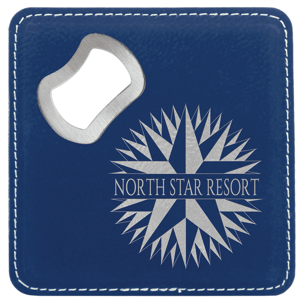 Blue/Silver 4" x 4" Square Laserable Leatherette Coaster with Bottle Opener