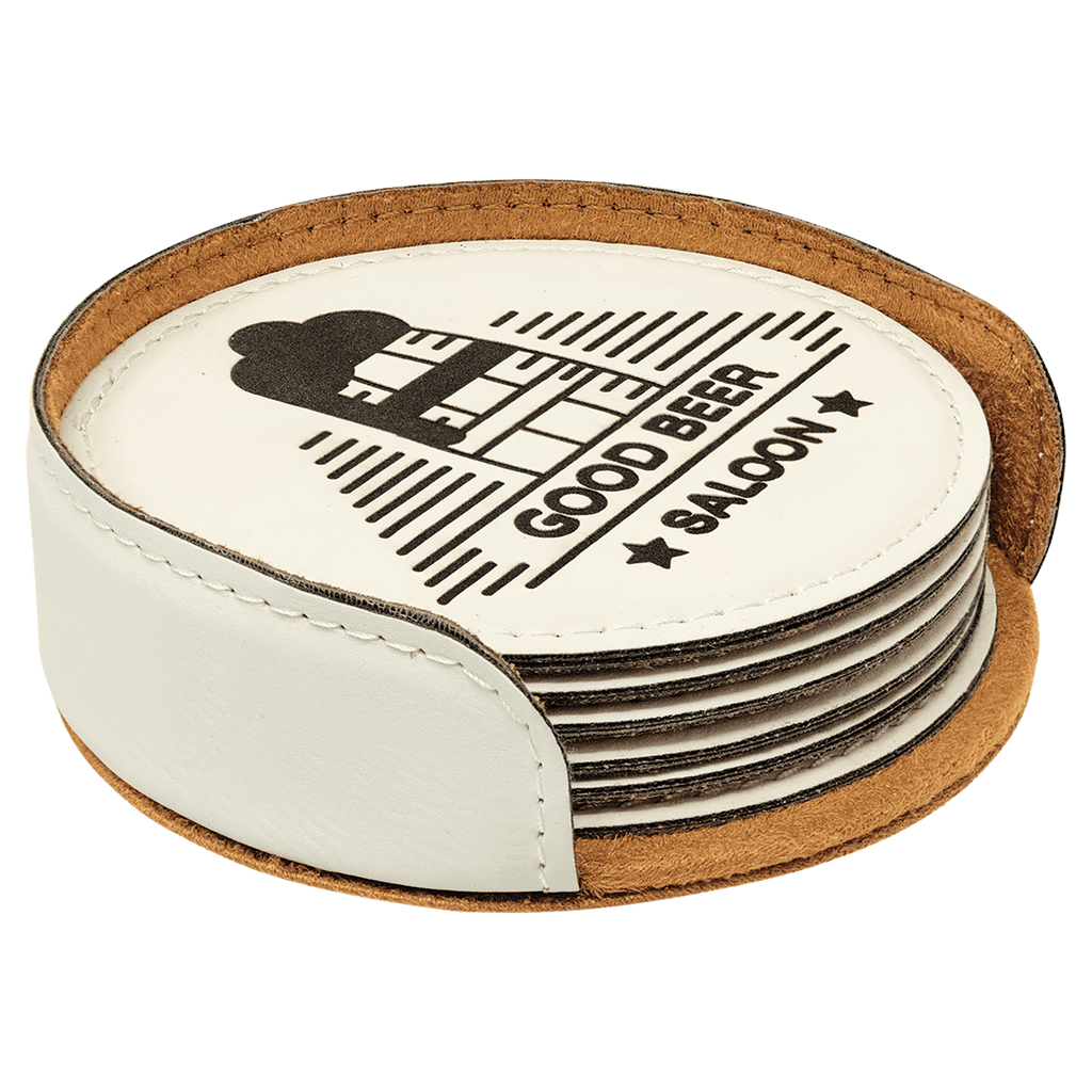 White 4" Round Laserable Leatherette 6-Coaster Set