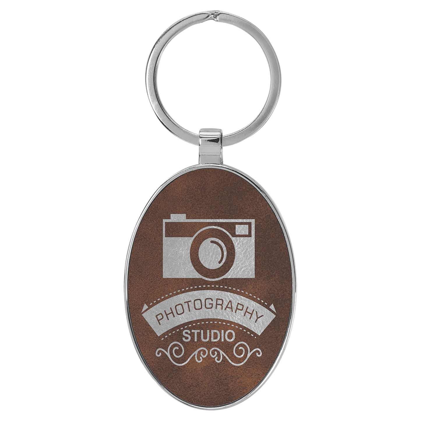 Rustic/Silver 3" x 1 3/4" Laserable Leatherette/Metal Oval Keychain
