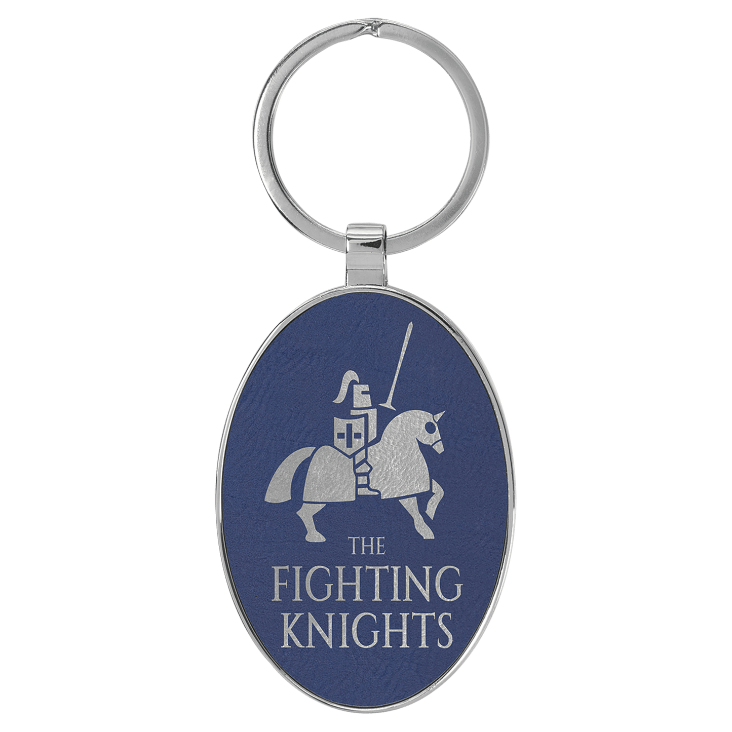 Blue/Silver 3" x 1 3/4" Laserable Leatherette/Metal Oval Keychain