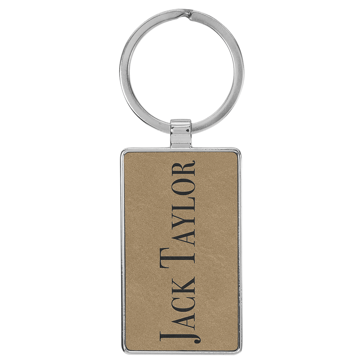 Light Brown 2 3/4" x 1 1/4" Laserable Leatherette/Metal Rectangle Keychain