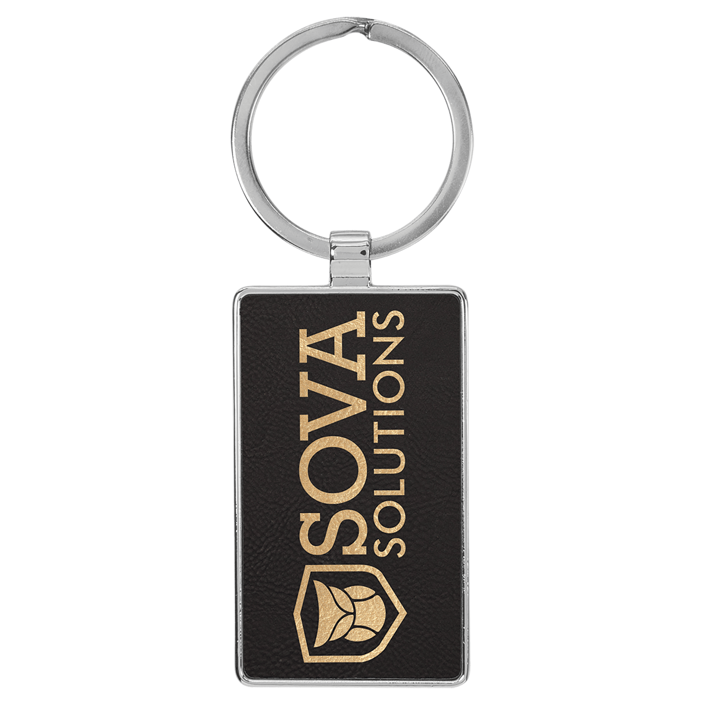 Black/Gold 2 3/4" x 1 1/4" Laserable Leatherette/Metal Rectangle Keychain