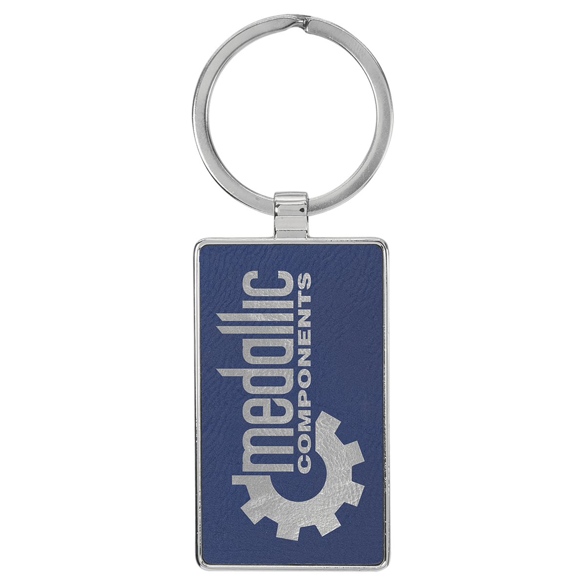 Blue/Silver 2 3/4" x 1 1/4" Laserable Leatherette/Metal Rectangle Keychain