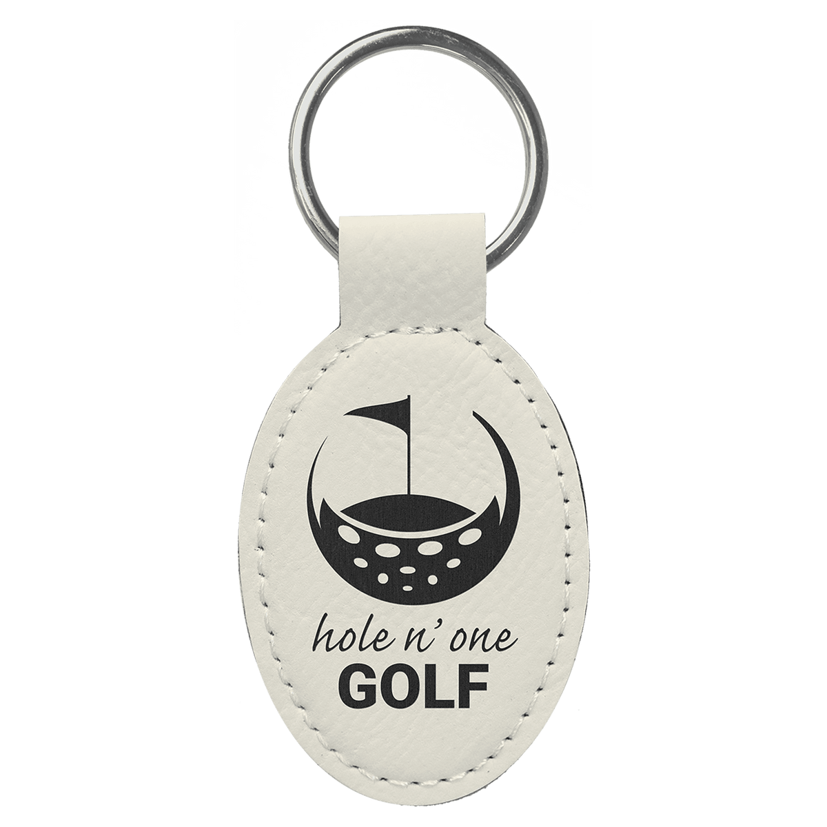 White 3" x 1 3/4" Laserable Leatherette Oval Keychain