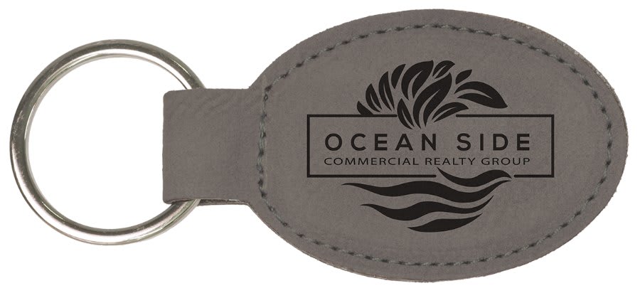 Gray 3" x 1 3/4" Laserable Leatherette Oval Keychain