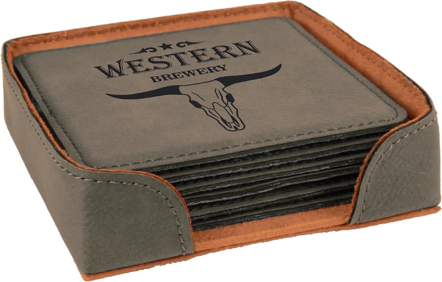 Gray 4" x 4" Square Laserable Leatherette 6-Coaster Set