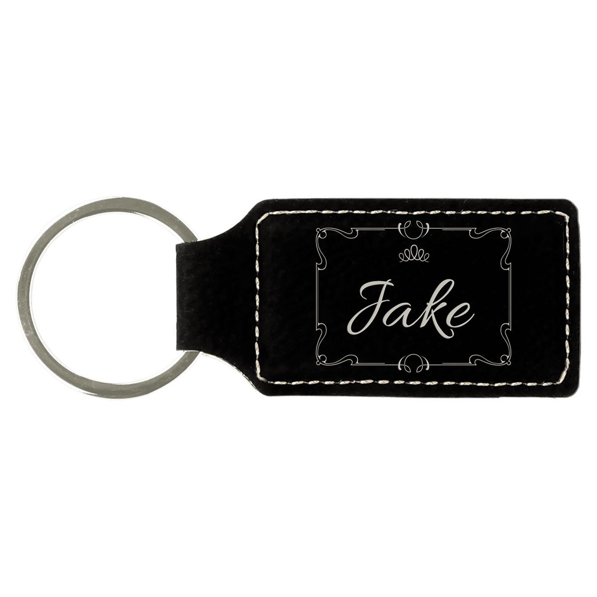 Black/Silver 2 3/4" x 1 1/4" Laserable Leatherette Rectangle Keychain