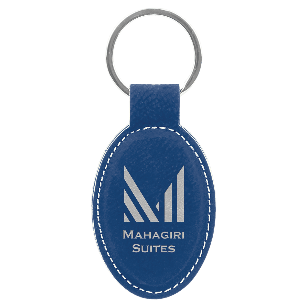 Blue/Silver 3" x 1 3/4" Laserable Leatherette Oval Keychain