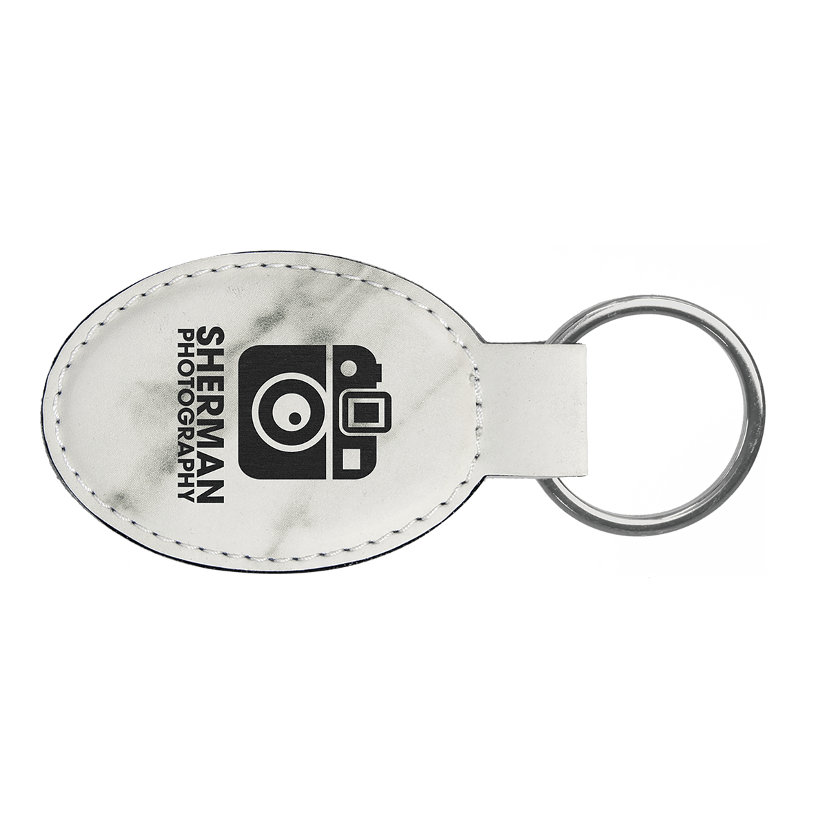 White Marble 3" x 1 3/4" Laserable Leatherette Oval Keychain