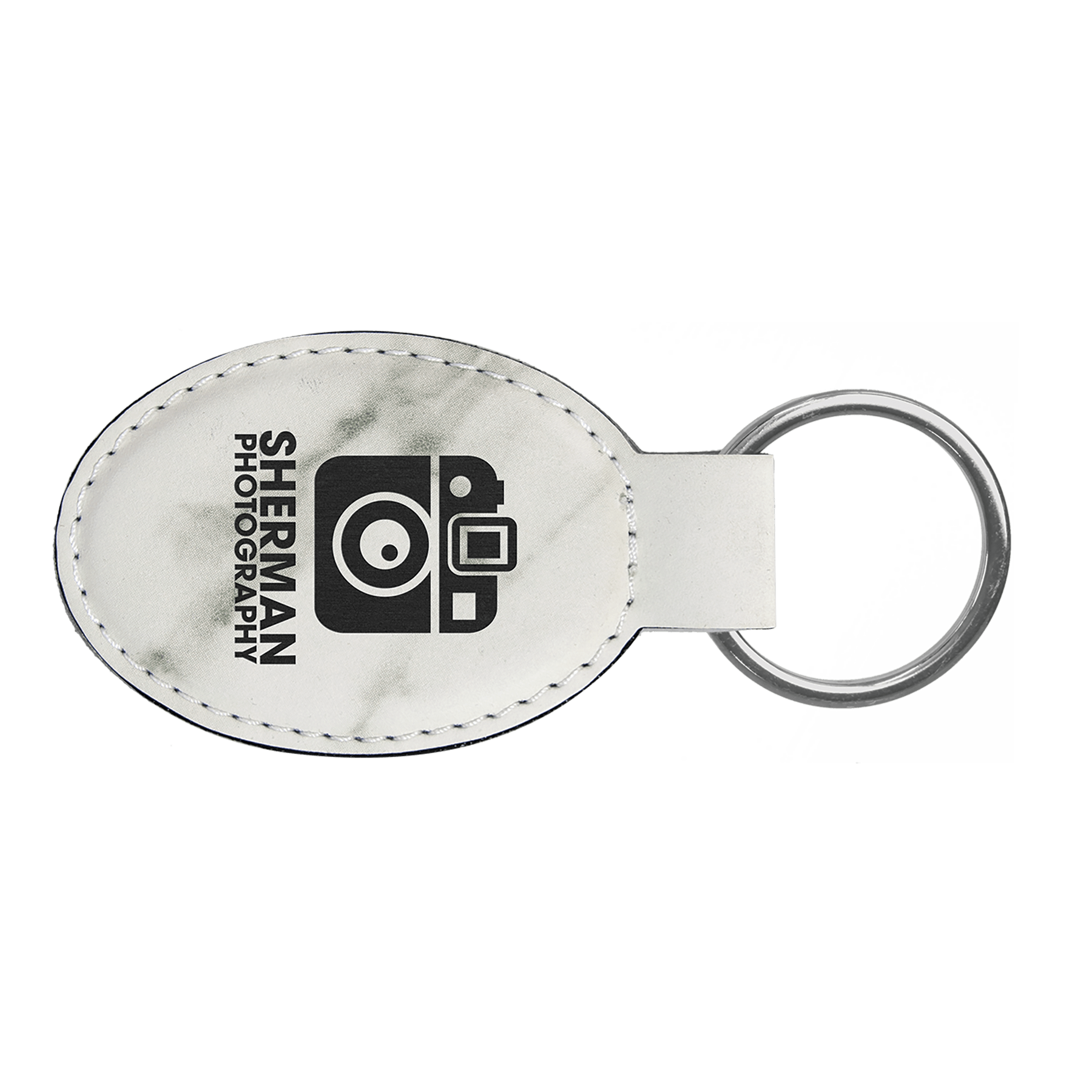 White Marble 3" x 1 3/4" Laserable Leatherette Oval Keychain