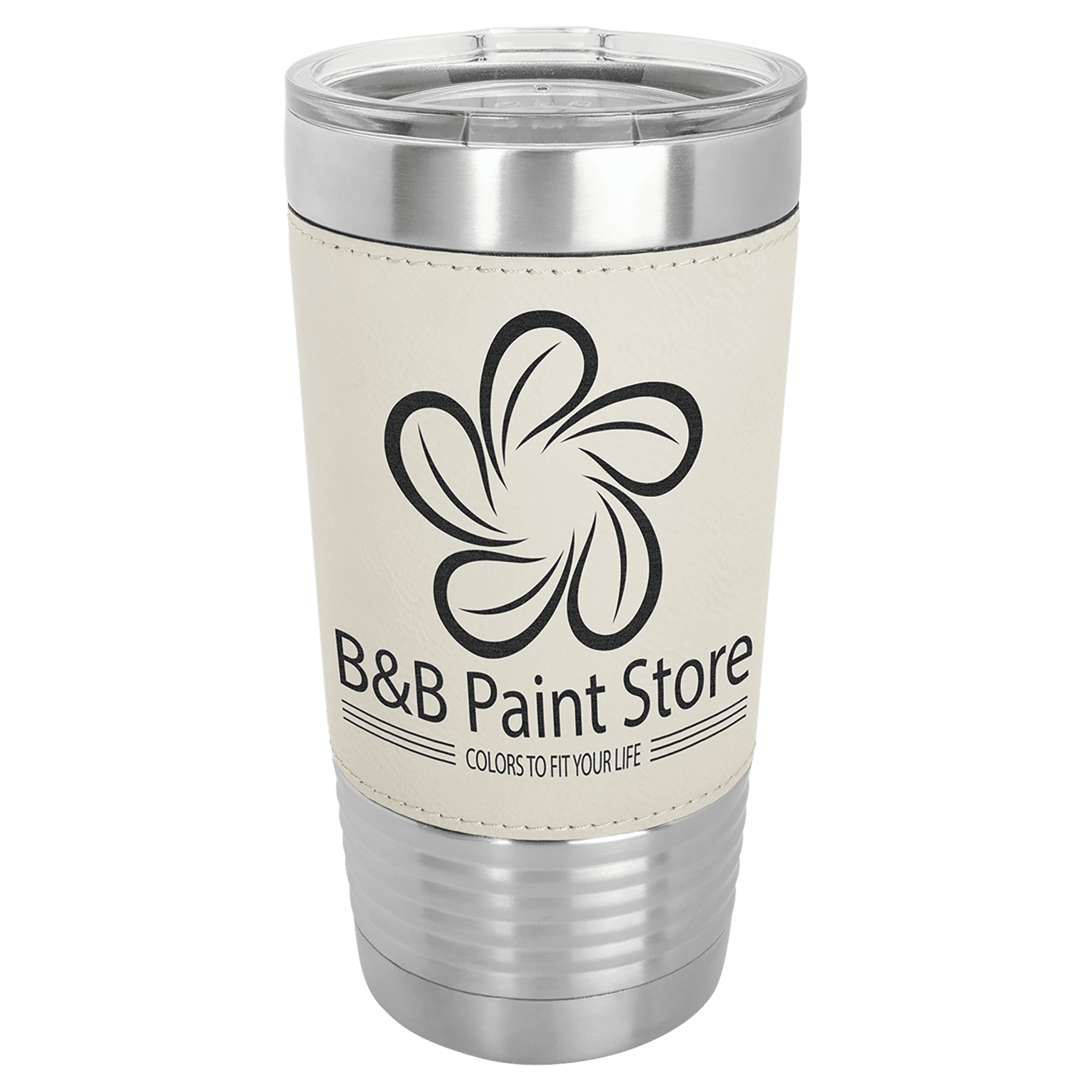 White/Black Laserable Leatherette Tumbler with Clear Polar Camel 20 oz. Lid