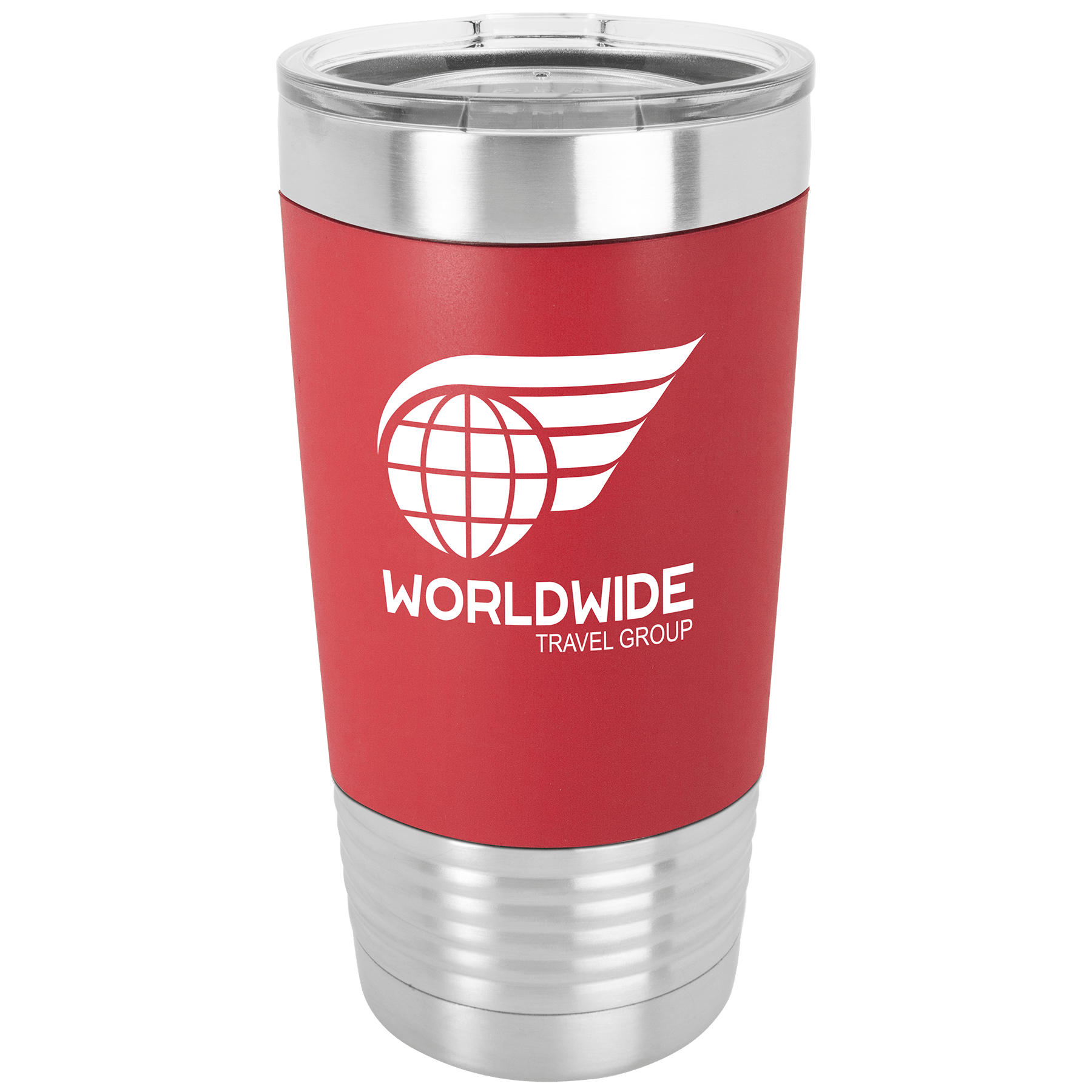 Red/White Tumbler with Silicone Grip and Clear Polar Camel 20 oz. Lid