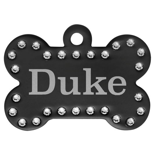 Black 1 1/2" x 1" Laserable Anodized Aluminum Swarovski Bling Bone with Tab