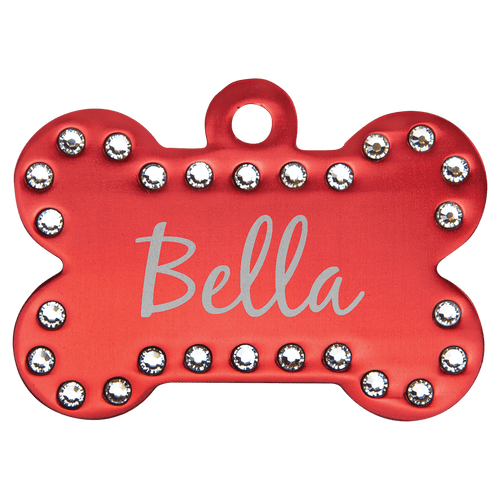 Red 1 1/2" x 1" Laserable Anodized Aluminum Swarovski Bling Bone with Tab